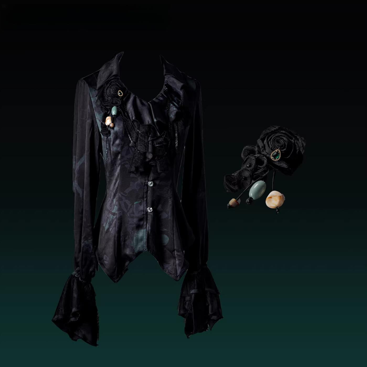 Bone Garden - Printed Gothic Lolita Skirt, Boning Corset Shirt + Collar Chain + Brooch S