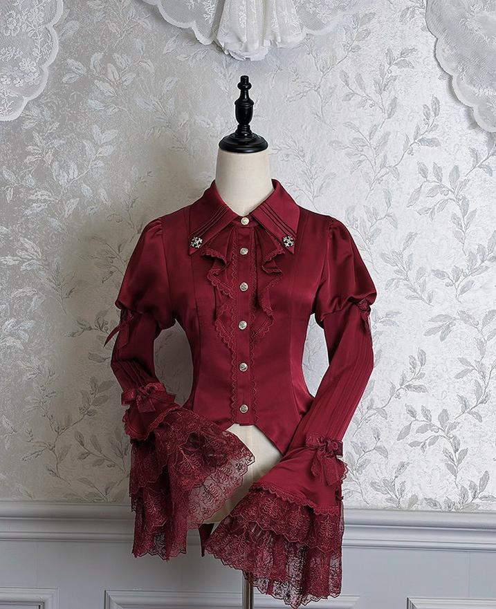 Dark Fog Feast - Gothic Lolita Satin Blouse, Hime Sleeves Wine Red XS