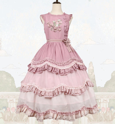 LittlePlum~Iukami Flower~Gradient Kawaii Lolita OP Dress Summer JSK S JSK Long Version · Pink 