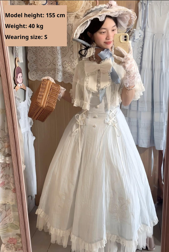 Kuma~Little Wind Chime~Elegant Lolita OP Water Blue Dress With Decorative Tulle Cape