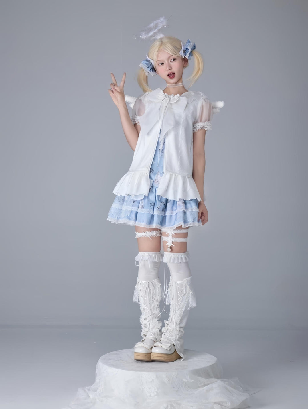Bacio Bouquet~Hyaline Angel~Daily Lolita Low Waist Dress with Angle Print&Lace Detail