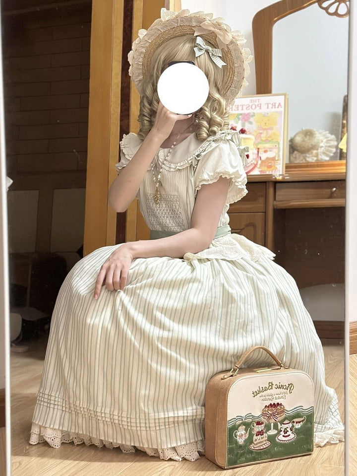 KOMOMO~Little Wild~Country Lolita OP Dress with Rattan Handbag and Hat