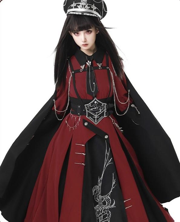 CHUNLV LOLITA~Crimson Knight~Military Lolita Dress Outfit Red OP Black Cloak Waistband