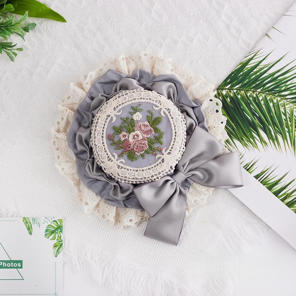 Sugar Time - Sweet Lolita Top Hat, Floral Embroidery Gray