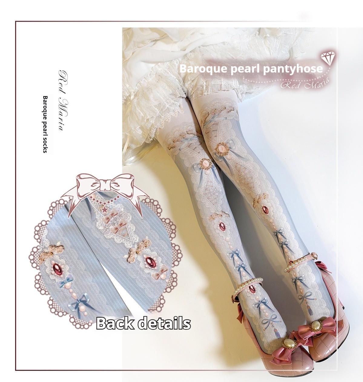 Red Maria~Classic Lolita Tights Baroque Pearl Printed Lolita Pantyhose 34236:641258
