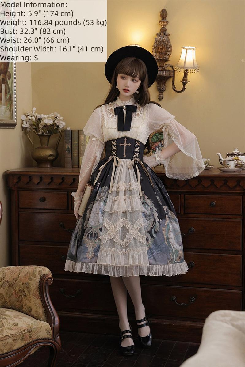 Clock Butterfly - Gothic Lolita Printed Blouse and Corset Skirt Set