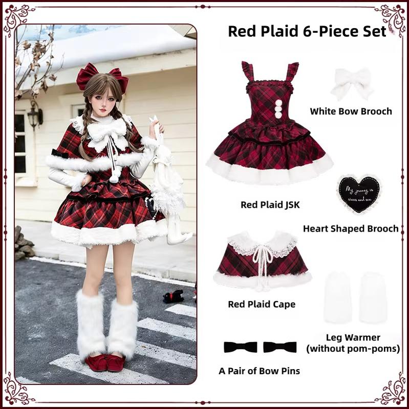 With PUJI - Snow Night Serenade - Fluffy Plaid Kawaii Lolita JSK, Reversible Cape (L M S) 44279:815018