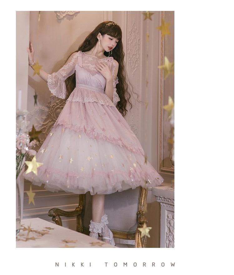 Nikki Tomorrow~Stars Descending~Pink Classic Lolita OP Mesh Embroidery Dress