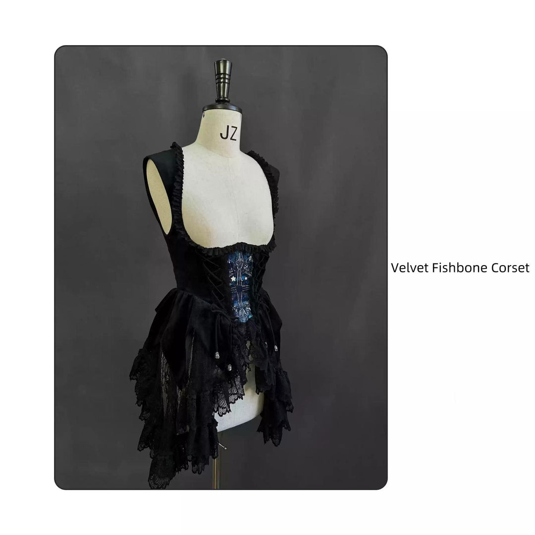 SUSIN~Night Traveler~Classic and Elegant Gothic Dress with Colorful Window Prints M Velvet Fishbone Corset only 