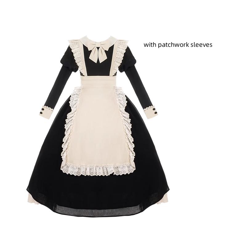 With PUJI~Kiss Kiss~Vintage Lolita OP Dress Maid Lolita Dress A pair of detachable black sleeves S 