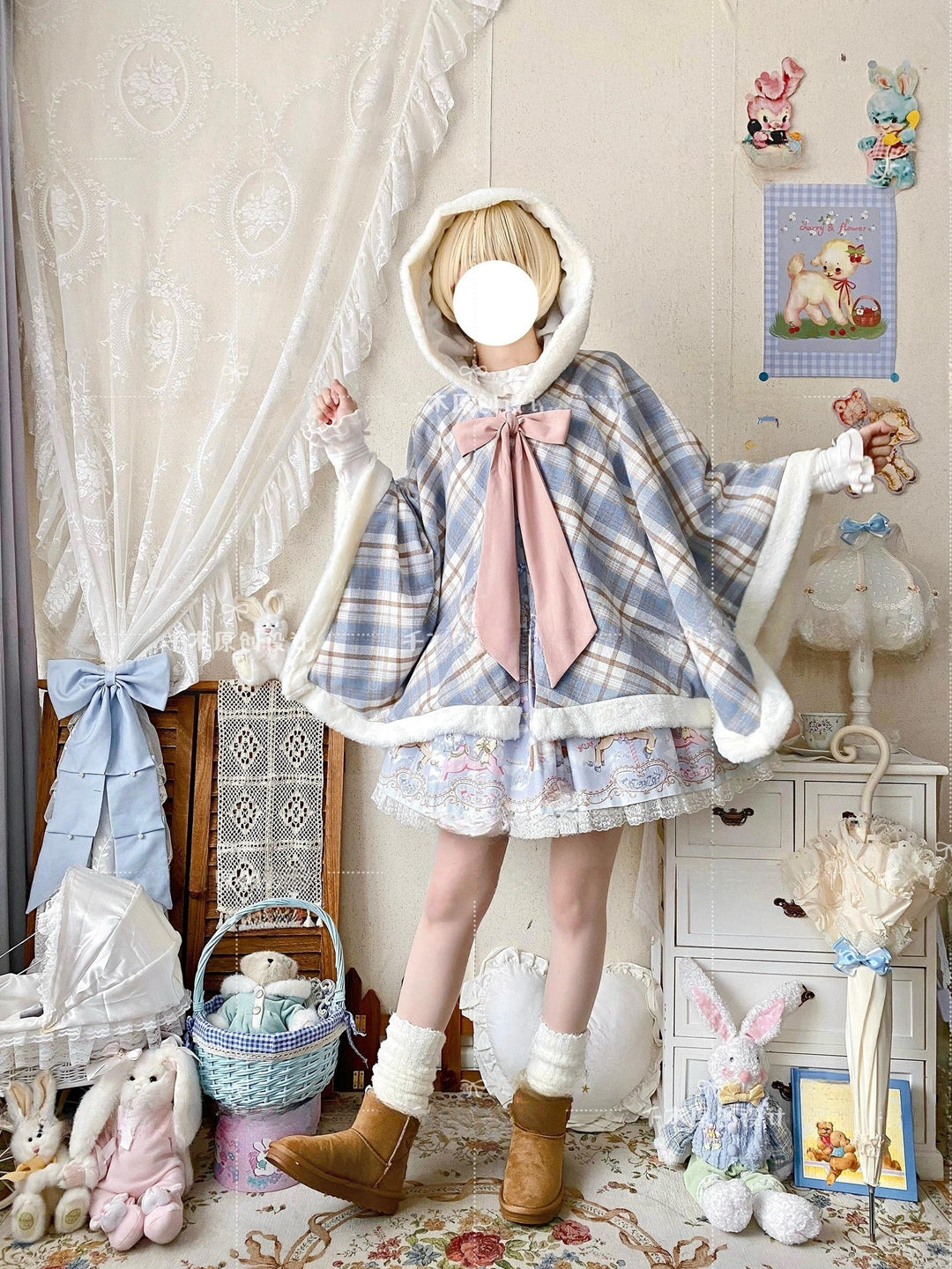 Qianmu~Waffle~Kawaii Lolita Cape Daily Lolita Plaid Hoodie Cloak