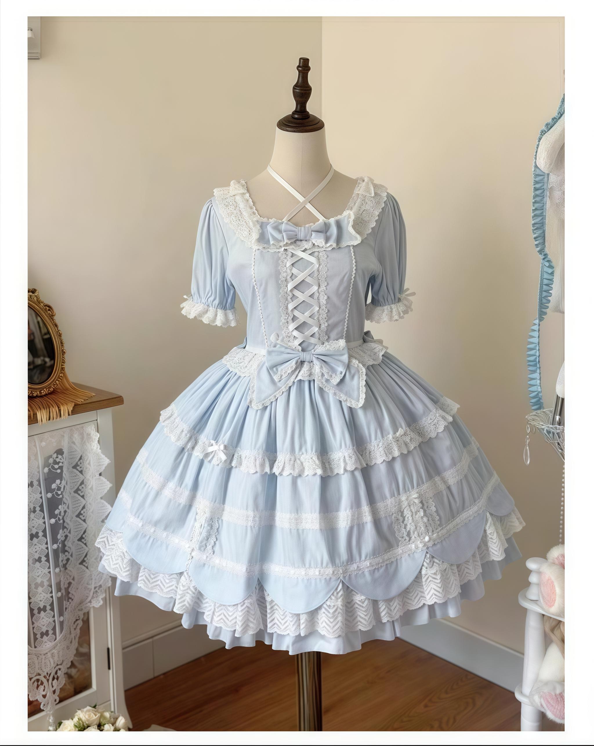 AerialCat~Cream Petals~Old School Lolita OP Tiered Ruffles Cotton Dress (L M S XL) 42762:752789