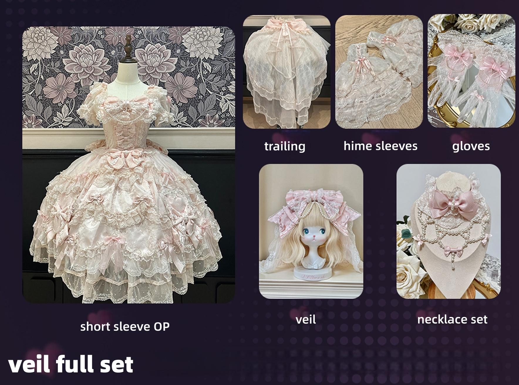 Showa Doll SP - Sweet Lolita Wedding OP Dress, Layered Hem Pink S Head Veil Full Set