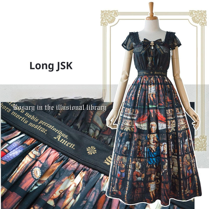 GOTHIC LOLITA~Rosary in the illusional library~Gothic Lolita Print JSK Dress Long JSK with bow brooch S