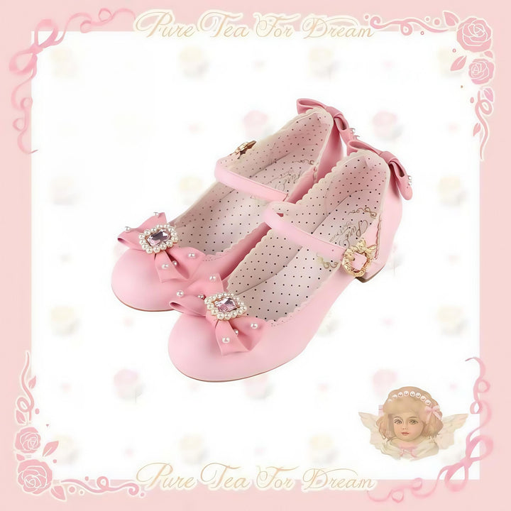 Pure Tea For Dream~Vintage Gemstone~Sweet Lolita Shoes Round Toe Heels with Bow Girly pink 35