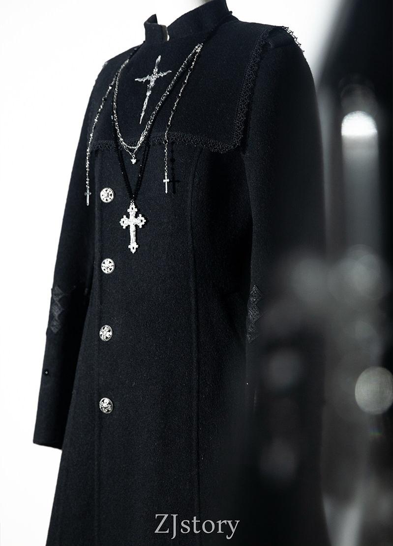 Cain and Lilith - Wool Gothic Lolita Long Coat, Cross Details Cain SET (Cain coat + false collar + cape) S
