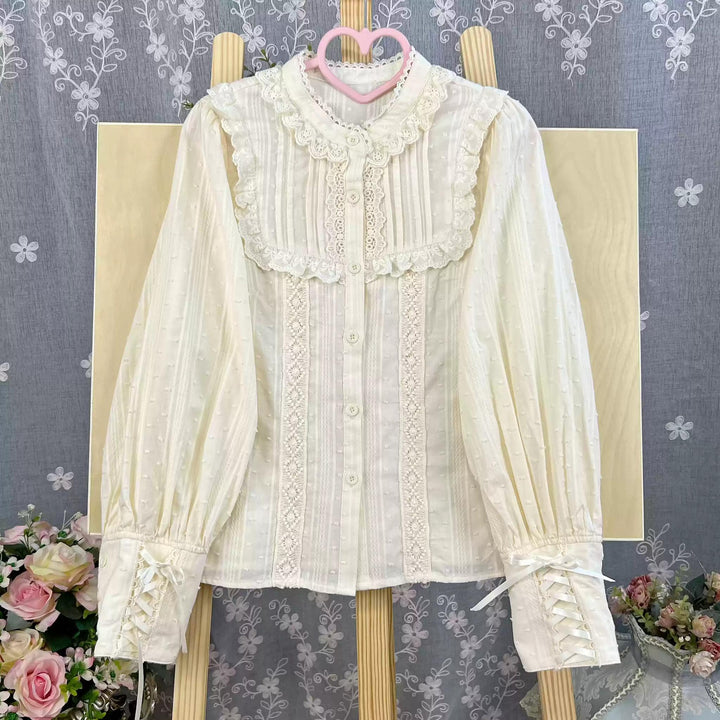 DMFS Lolita~Sweet Lolita Blouse Cotton Summer Short Sleeve Shirt S Apricot long sleeves - stand collar 