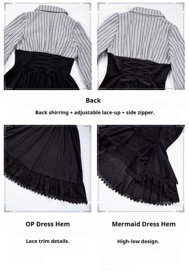 Dusk Moment - Classic Lolita Striped OP & Mermaid Dress Set, Fishbone Waist 44498:810791