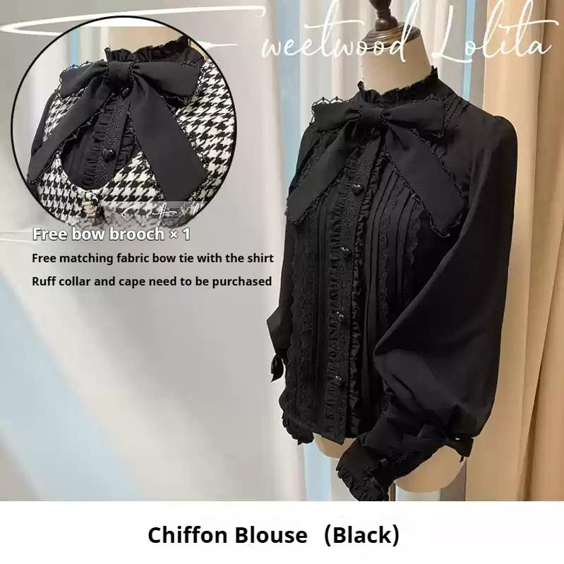 Sweet Wood - Winter Classic Lolita Coat Suit Woolen Plus Size Outerwear Black shirt (with bow brooch) S