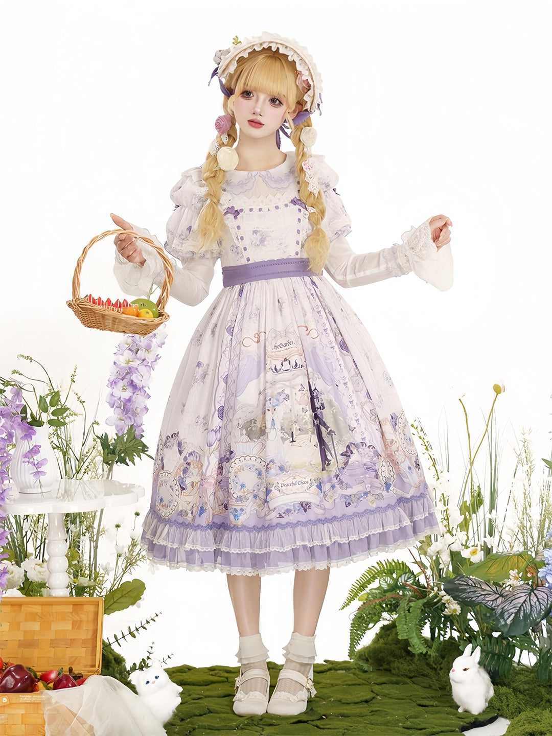 Baduoni~Red Bunny Tea Party~Sweet Lolita OP Classic Dress with Detachable Apron BNT