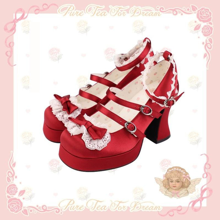 Pure Tea For Dream~Maiden Fairy Tale~Sweet Lolita Lace Shoes Thick Heel Platform Shoes (Burgundy / 35 36 37 38 39 40) 42089:729371