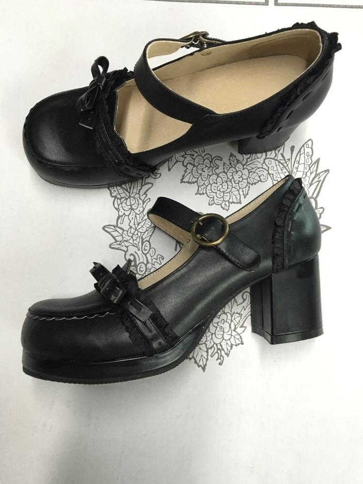 Bow Lace Customized Lolita Shoes 34 black