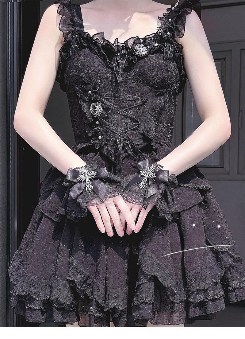 Hua Nai Cat - Gothic Lolita Cuffs with Cross Black and White Hand Sleeve One Size Black