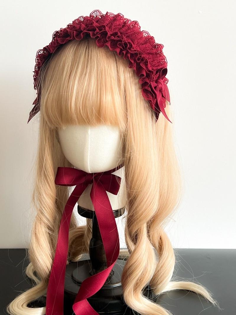 MAID~Customized Elegant Lolita Bow Lace KC Headdress Wine Red  