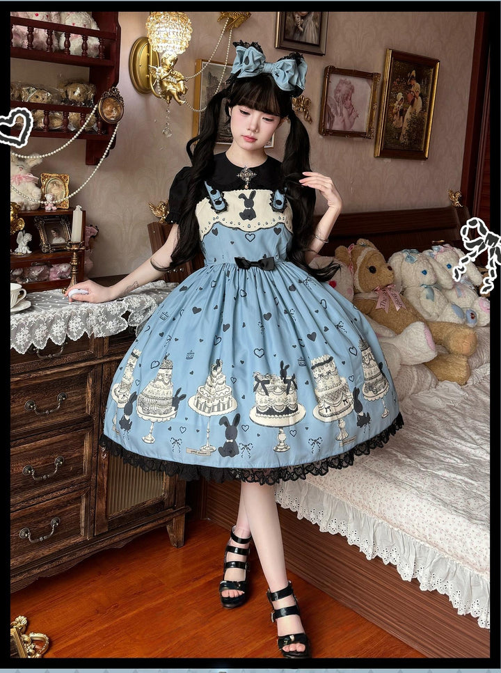 Sweet Dream Sheep - Cake Bunny - Blue Sweet Lolita Dress, Bunny&Cake Print