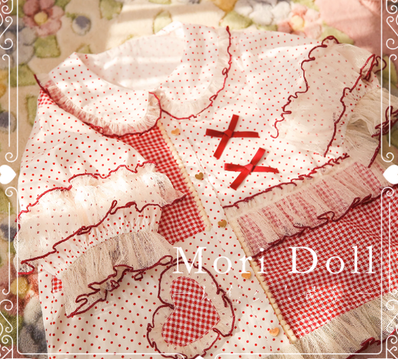 Mori Doll~Peach Tea~Sweet Lolita Dot and Stripe Print Short Sleeve Blouse S red 