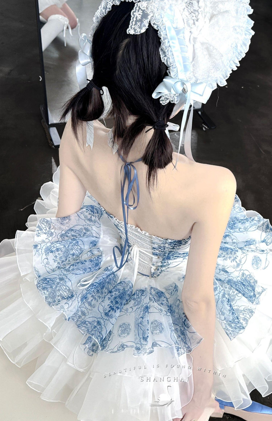 POSHEPOSE~Blue and White Porcelain~Princess Lolita Cake Skirt JSK Dress Plush Cape