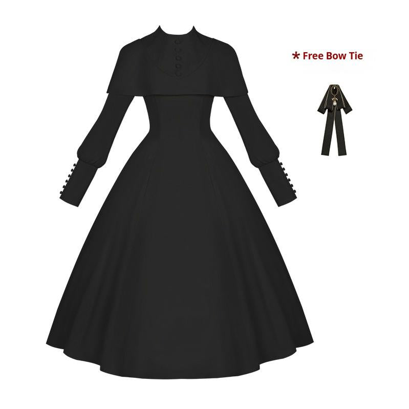 With PUJI~13th Night~Gothic Lolita OP Dress with Built-in Cape Black OP with Bow Tie S