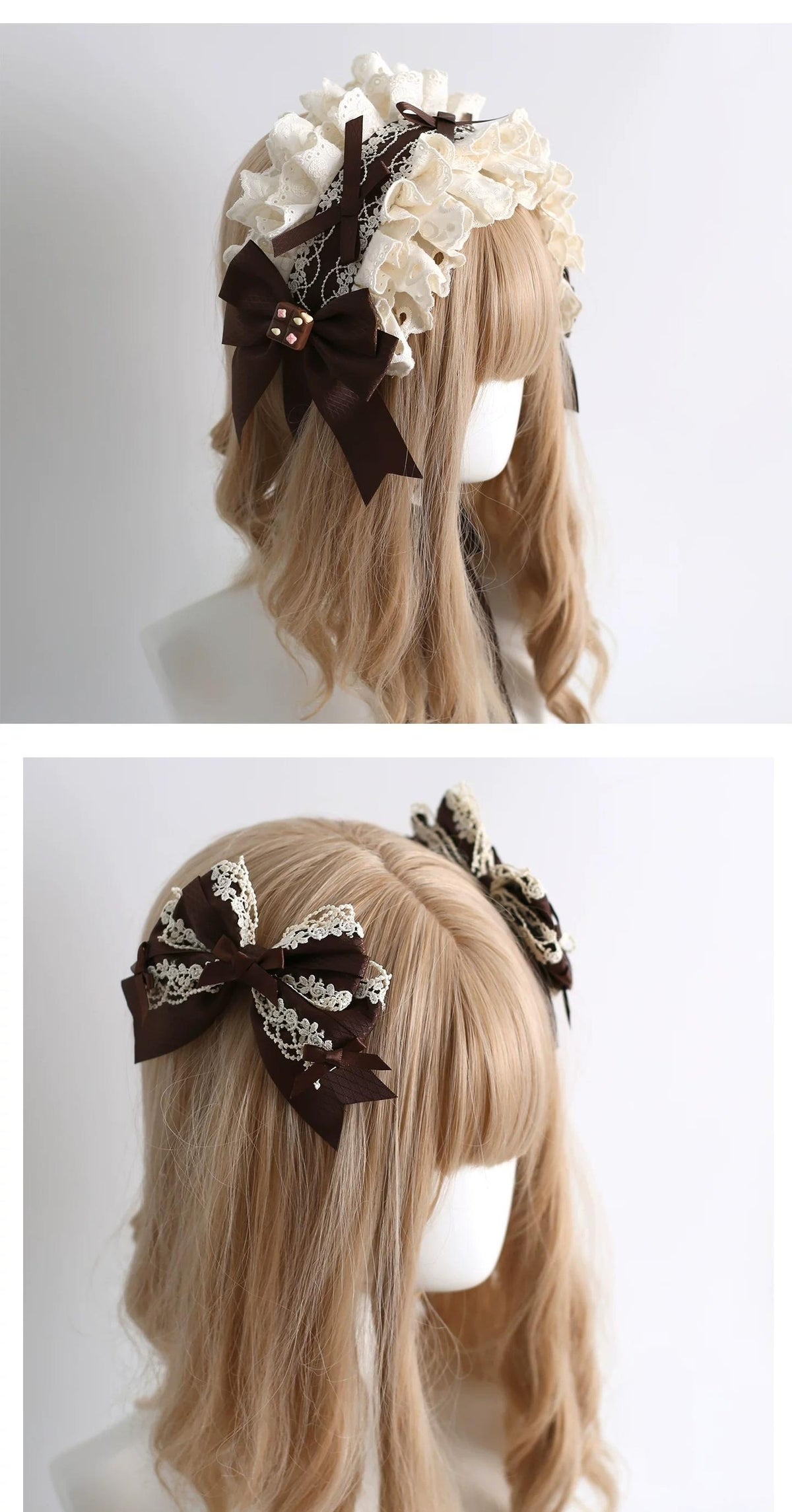 Coffee Brown Kawaii Lolita Hairband Accessory Set, Lace & Bear Ears 46088:874533