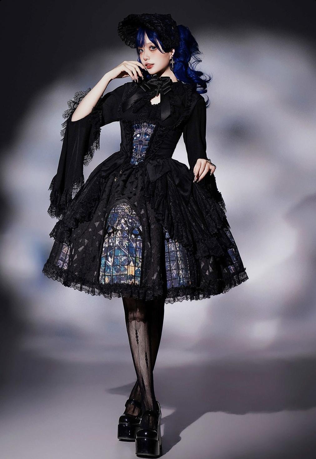 Susin Lolita~Night Traveler~Gothic Lolita Skirt Outfit Long Coat Shirt and Bustier Set