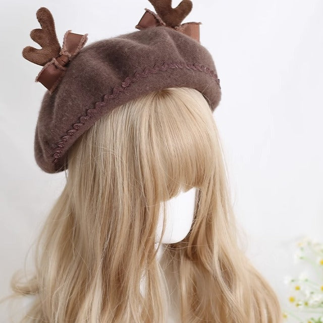 Xiaogui - Sweet Lolita Wool Deer Horn Christmas Beret M coffee color