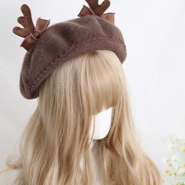 Xiaogui~Sweet Lolita Wool Deer Horn Christmas Beret M coffee color 