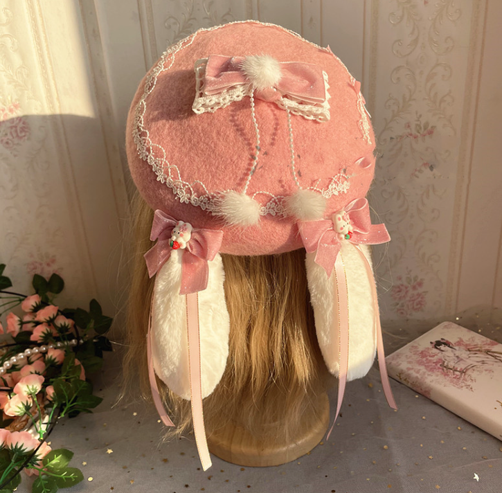 Luoluo Decoration~Han Lolita Pink Head Accessory light pink rabbit ears beret (for adult)  
