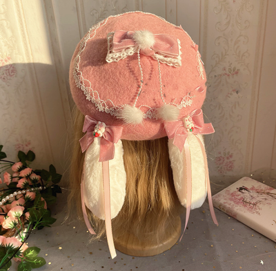 Luoluo Decoration~Han Lolita Pink Head Accessory light pink rabbit ears beret (for adult)  