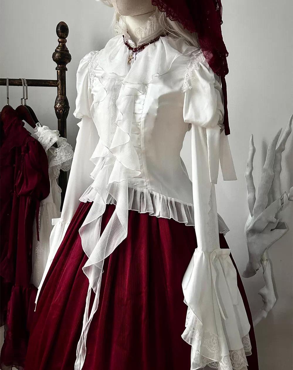 Dragon Bone - Gothic Lolita Blouse, Irregular Swallowtail Flounce Hem White Long-Sleeve Blouse S
