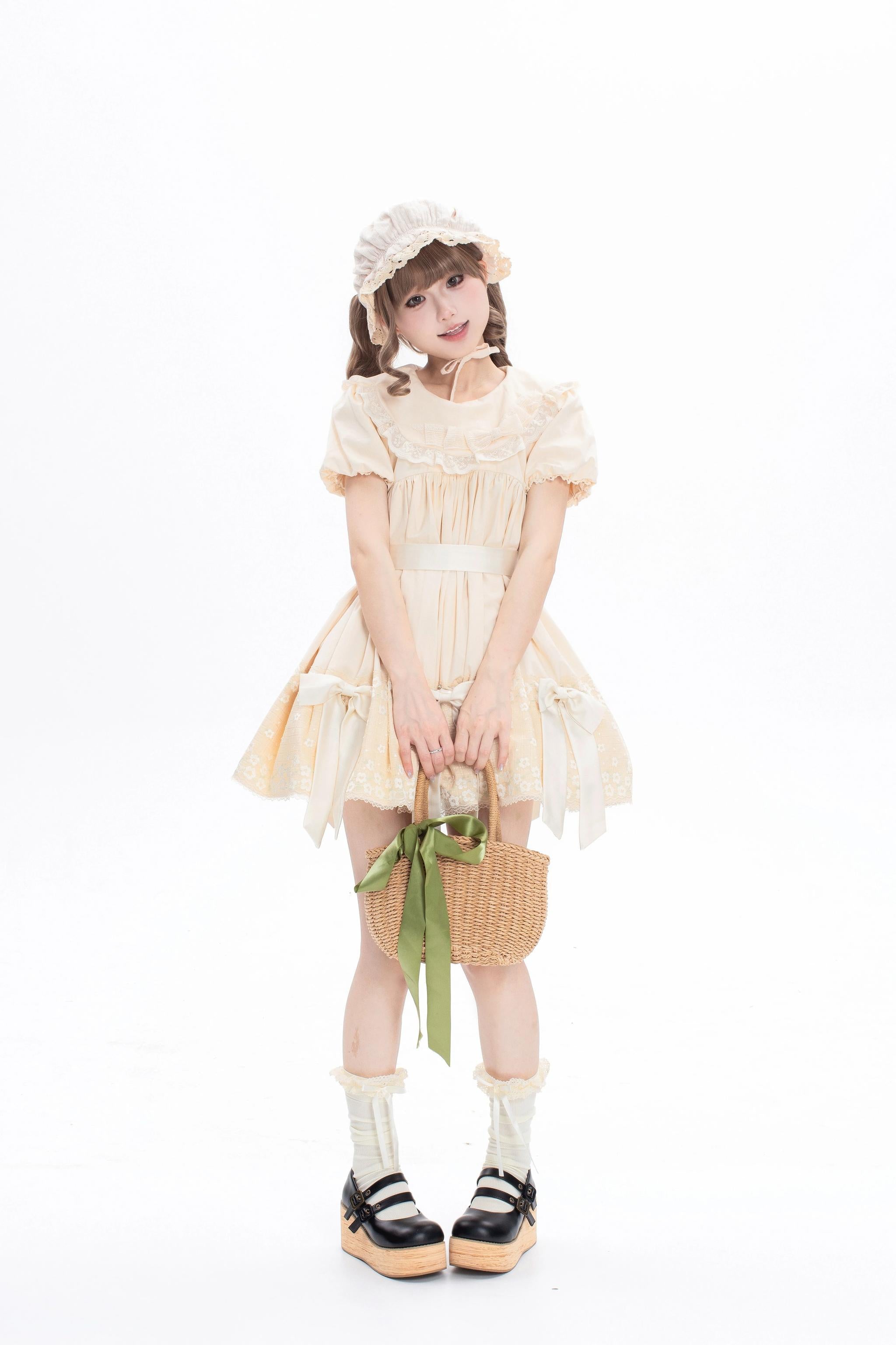 Fresh Tea Lolita - Meringue Frosting - Cotton Kawaii Lolita OP Dress with Satin Bow