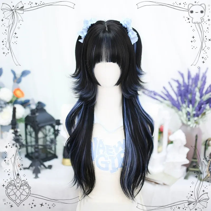 Dalao~Lily~Sweet Lolita Hime Cut Long Curly Wig for JK Girls Highlight blue with hairnet  