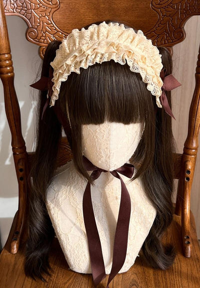 MAID~Customized Elegant Lolita Bow Lace KC Headdress Ivory x Coffee  