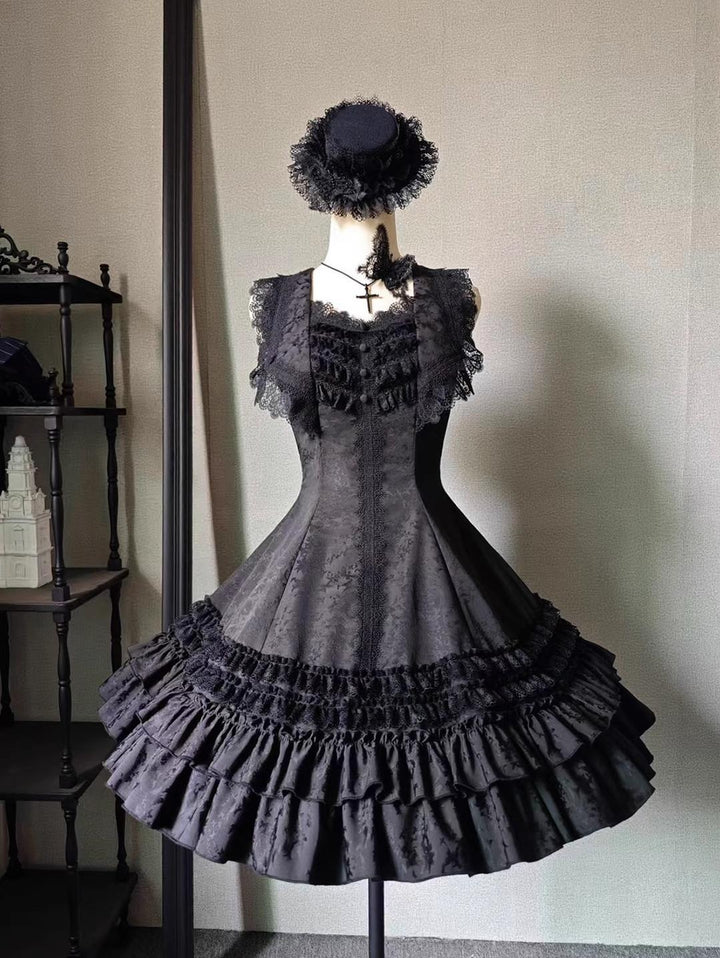 MILU ORIG - Six-Panel Gothic Lolita JSK Dress, Tiered Ruffles Black JSK Only / Jacquard S