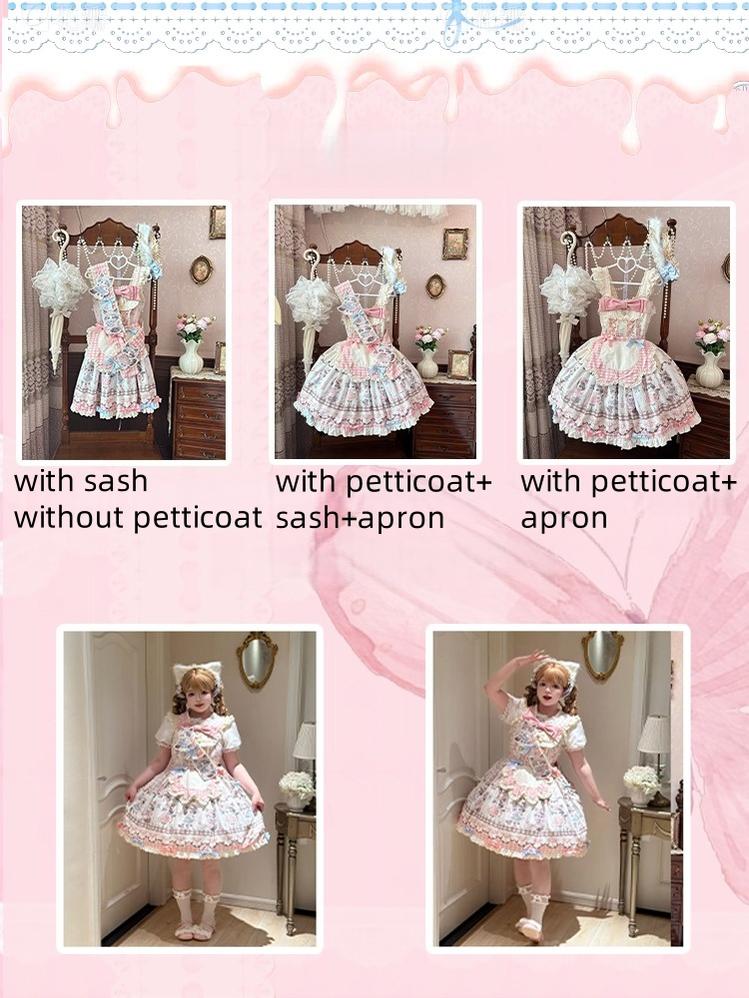 Shattered Lace Dream - Shattered Cat - Cat Printed Kawaii Lolita JSK Dress, Embroidered Sash