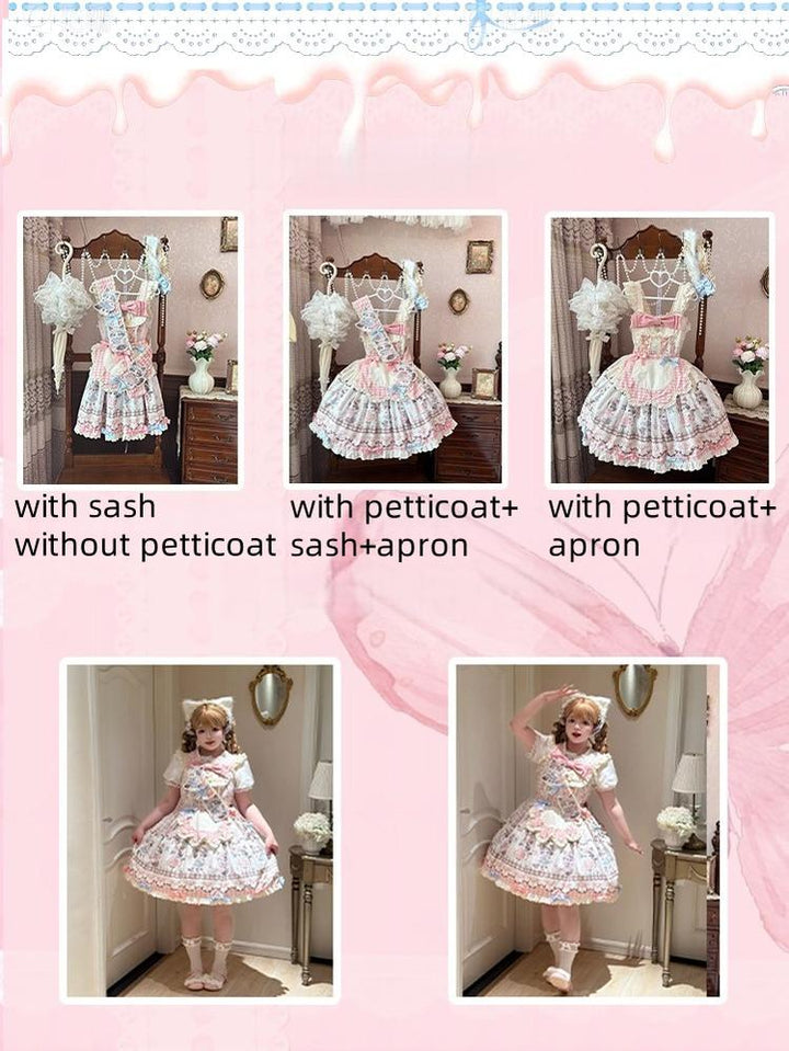 Shattered Lace Dream - Shattered Cat - Cat Printed Kawaii Lolita JSK Dress, Embroidered Sash