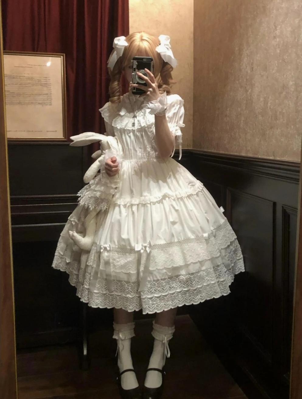Edelburg Rose - Old School Lolita Cotton OP Dress Set, Detachable Sleeves 45685:859078