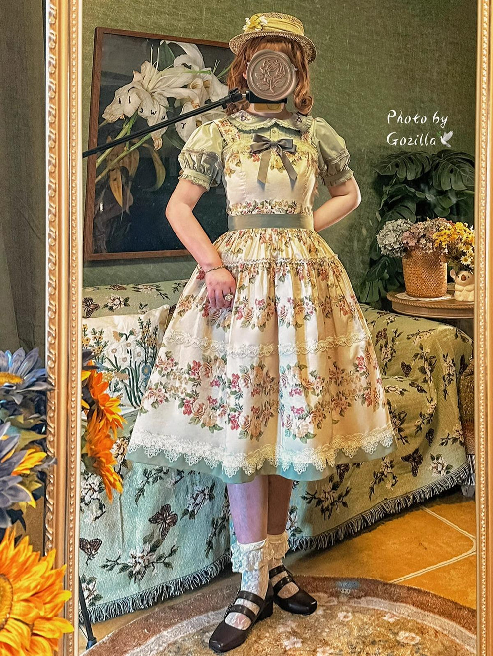 Surface Spell - Blooming Roses Over a Porch - Cotton Elegant Lolita JSK Dress, Floral Print
