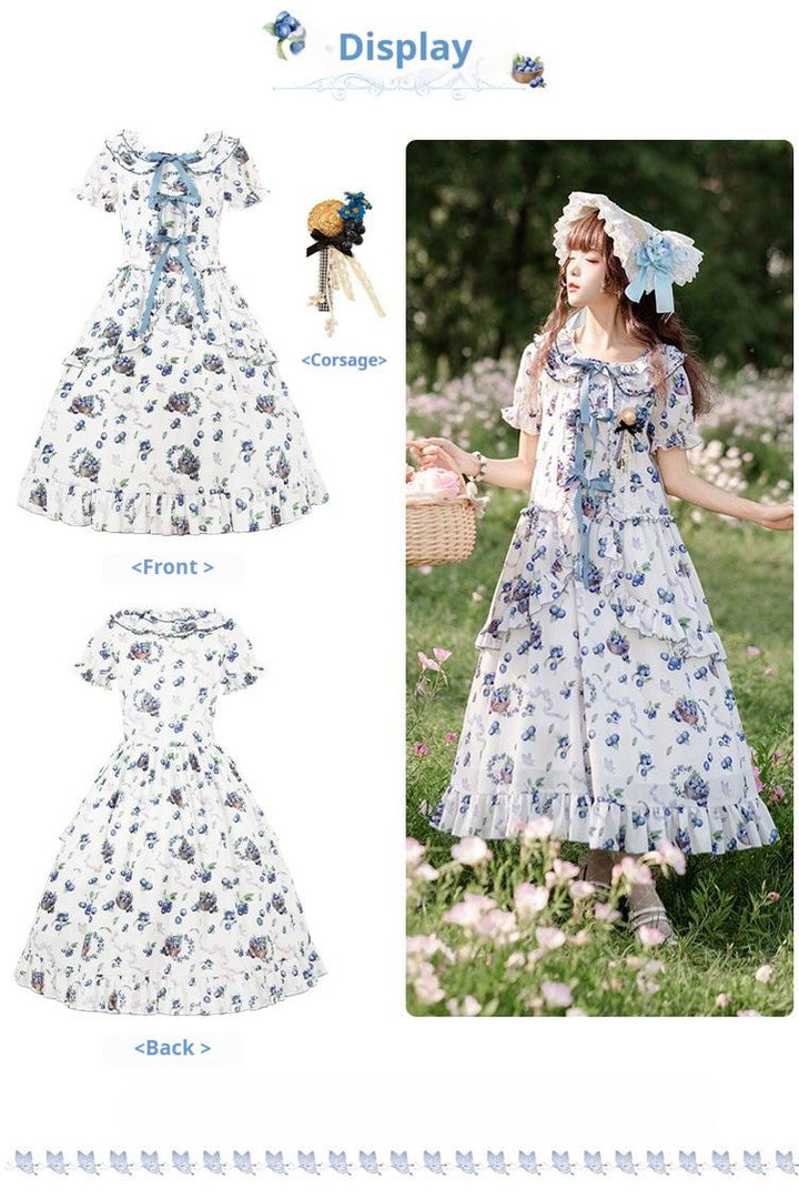 With PUJI~Berry Basket~Country Lolita OP Dress Blueberry Print Dress   