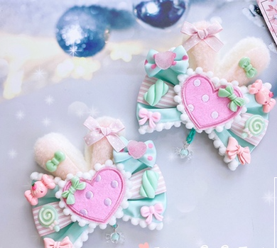 (Buy for me)Sweetheart Endless~Sweet Lolita Lace Rabbit Ears Cuffs Multicolor a pair of big rabbit ears and heart mint-green pink pin (not cuff)  