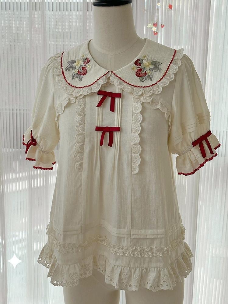 Baozizhu~Sweet Lolita Shirt Strawberry Embroidery Ivory Blouse Blouse XS 